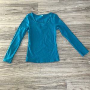 Turquoise Square Neck Long Sleeve Ribbed Knit Shirt - Size Medium